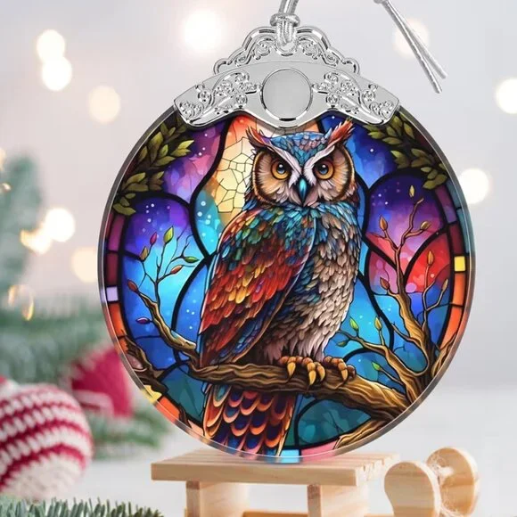 Owl Ornament Stained Glass Hanging Decor Holiday-Sun Catcher-Christmas - Picture 3 of 7